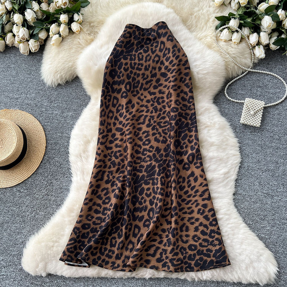 Classyelegant leopard print printingsatin skirt women's summerfrencheasiest for matchsilmslimming look mid-length mermaid dress