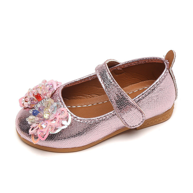 Girls'  spring bowknot soft-soled princess leather shoes for mid-to-large children, velcro closure, wear-resistant and non-slip