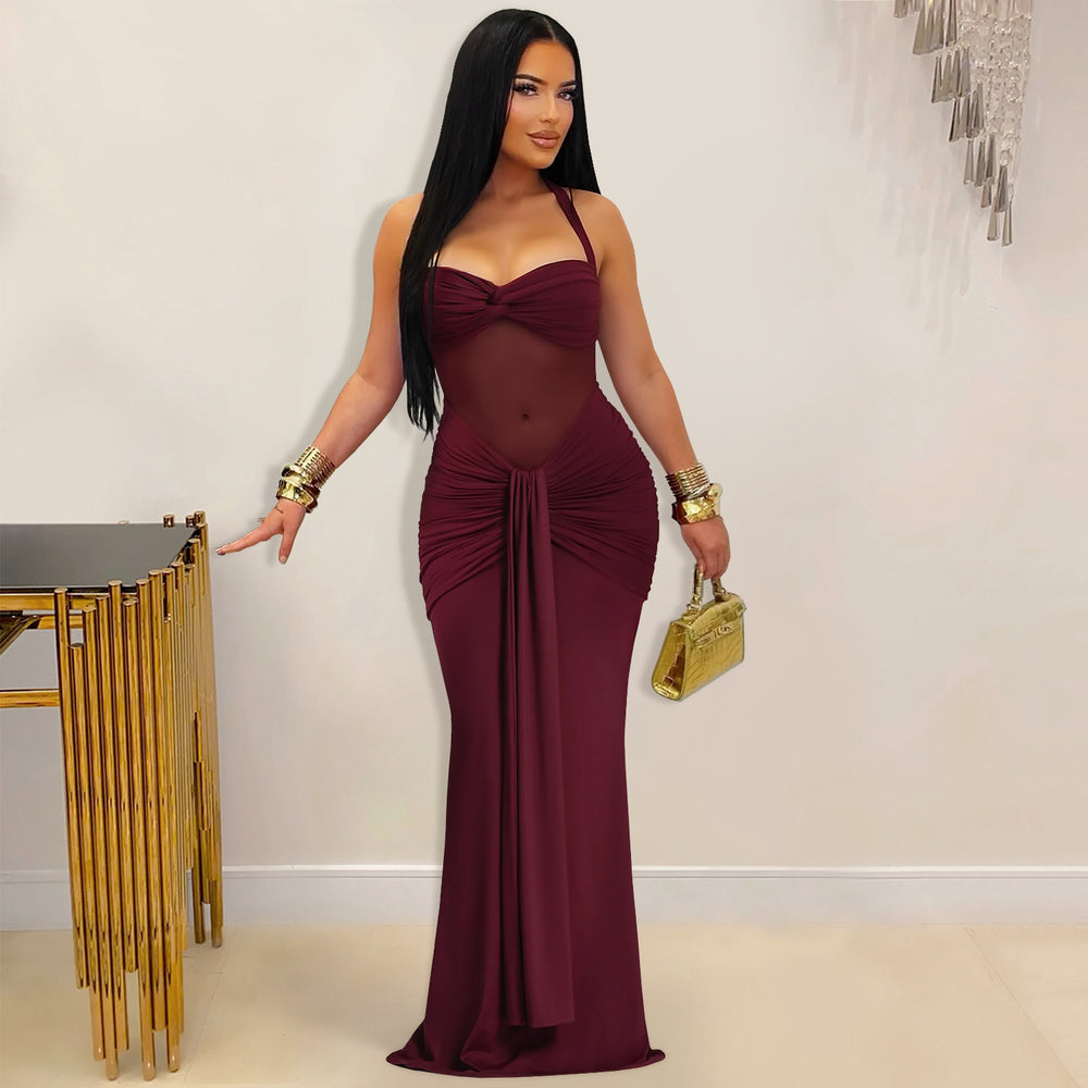 C7608 cross-border   fashion women's sexy see-through mesh halter tie-up dress