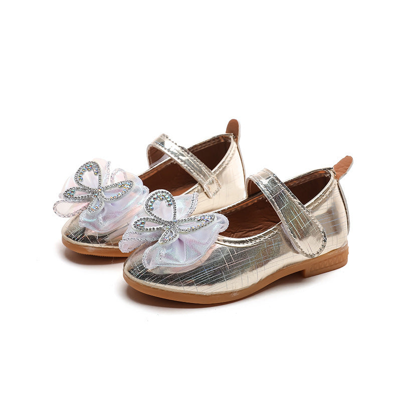 Girls'  spring new bowknot soft sole princess leather shoes for mid-to-large children - wholesale magic tape closure kids' shoes (direct from manufacturer)