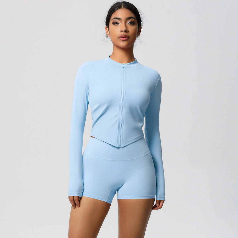 pure color brushed nylon nude zipper outwearlong sleeves yoga suit tight running sports fitness suit