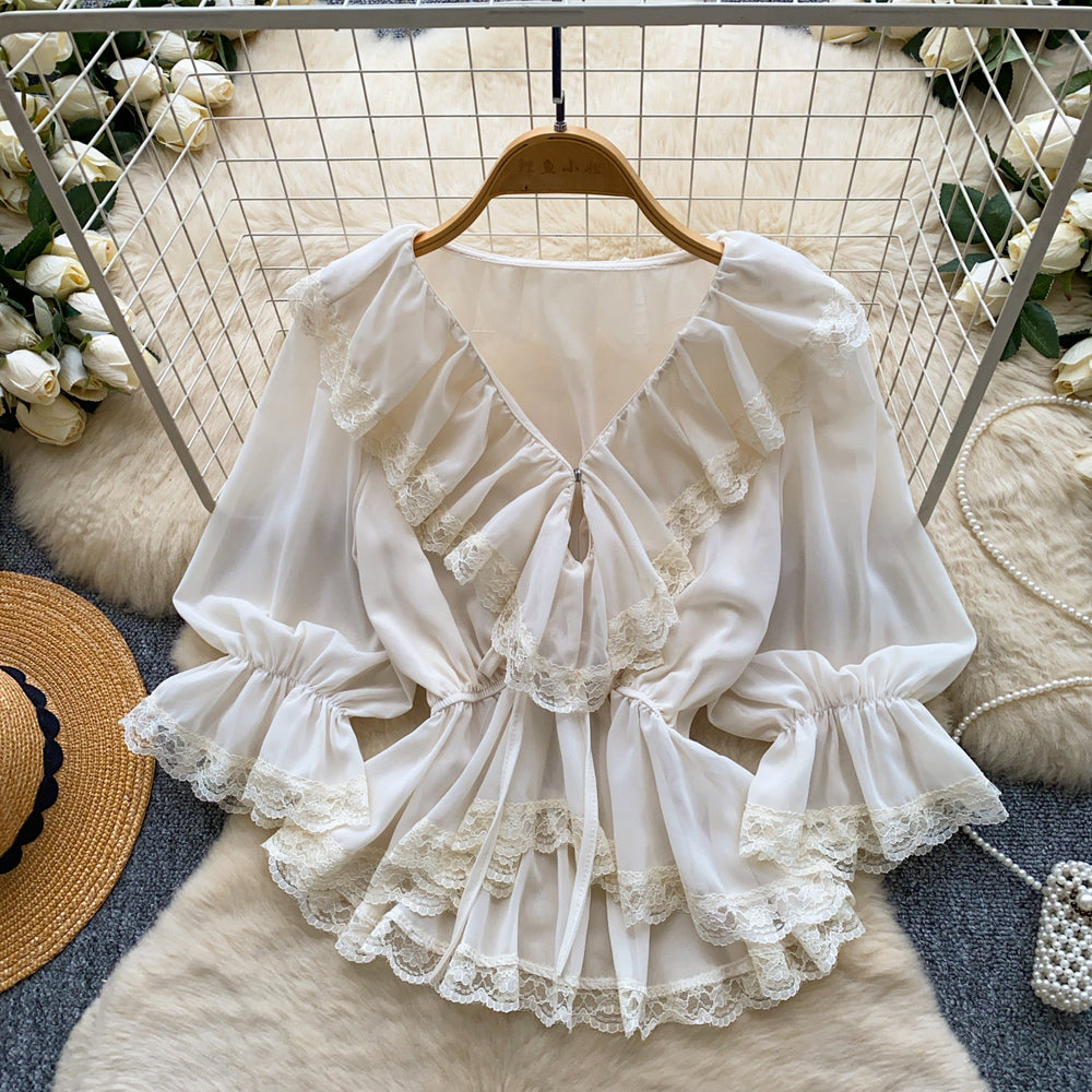 French chic v-neck lace ruffle blouse - women's summer long sleeve tie-waist slimming elegant top