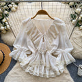 French chic v-neck lace ruffle blouse - women's summer long sleeve tie-waist slimming elegant top