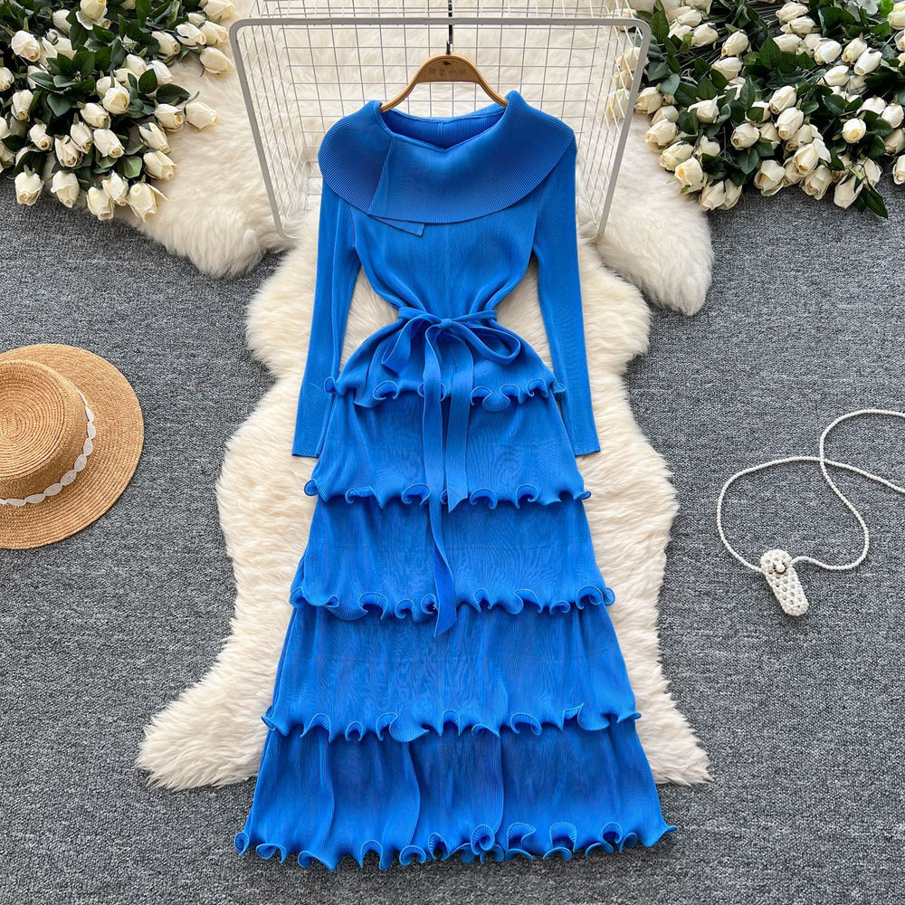 Miya pleated premium niche european & american retro collar tie-waist ruffle hem pleated elegant dress for women