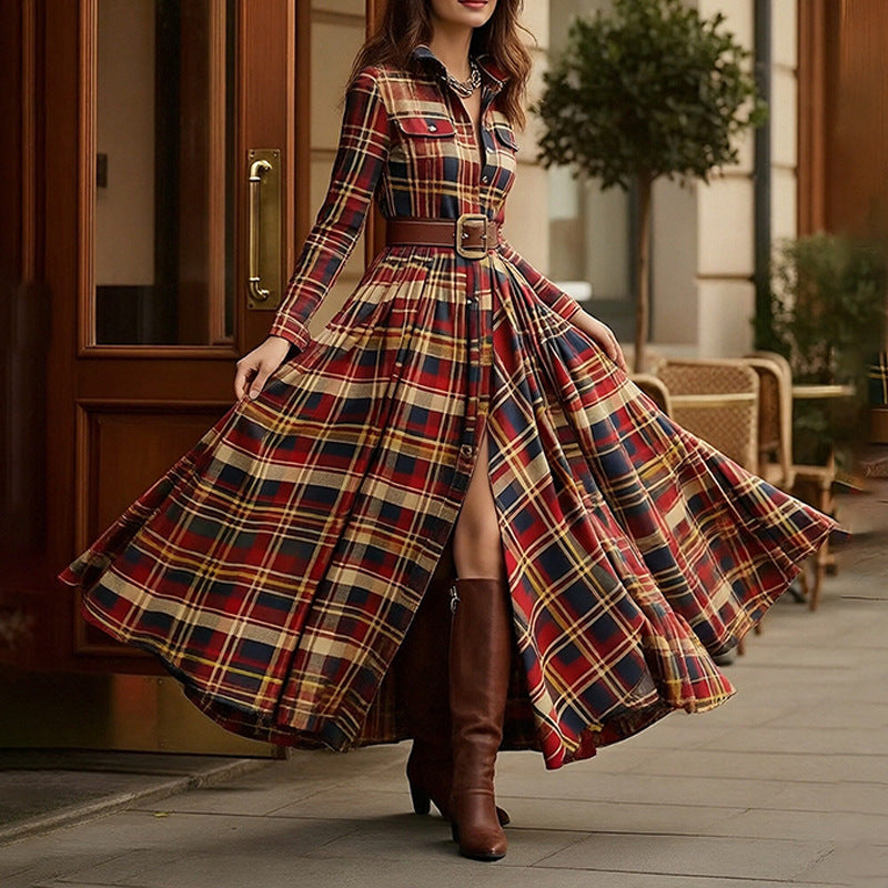 cross-border e-commerce european and american women's clothing: new summer collection - fashionable, casual, and elegant plaid notch collar slim-fit dress