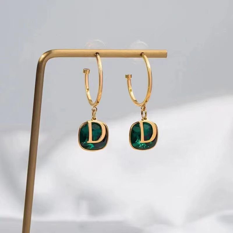 New trendy niche design d letter earrings for women, 925 sterling silver needle, elegant green stud earrings, wholesale ear jewelry
