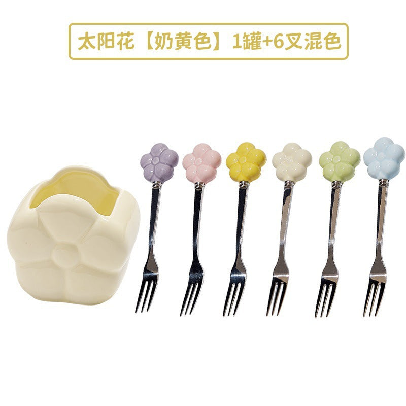 Creative sunflower stainless steel fruit fork desktop decoration ornament ceramic storage jar suit exquisite afternoon tea knife and fork