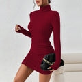 cross-border women's fashion: european and american style, mature woman's burgundy dress, autumn/winter minimalist high neck versatile mini dress