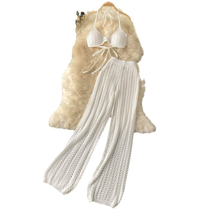 Beach vacation set for women: sexy bikini with halter top, unique cutout knit wide-leg pants