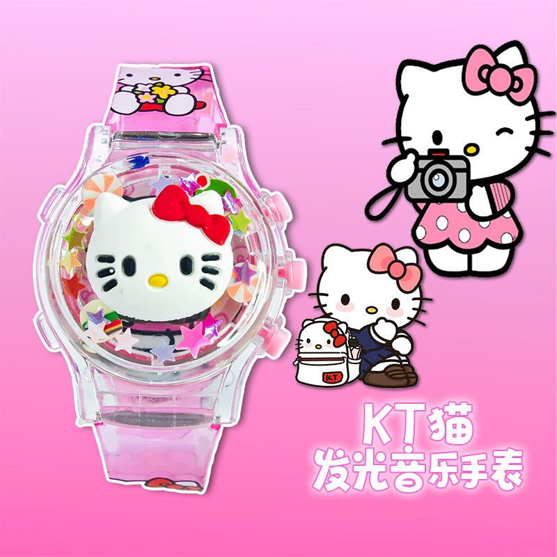 Kids' gift girls' electronic watch - stellalou, kuromi, hello kitty glitter luminous music flip cover rotating watch