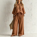 European and american cross-border e-commerce women's new bohemian style lace-trimmed v-neck top and wide-leg pants two-piece set