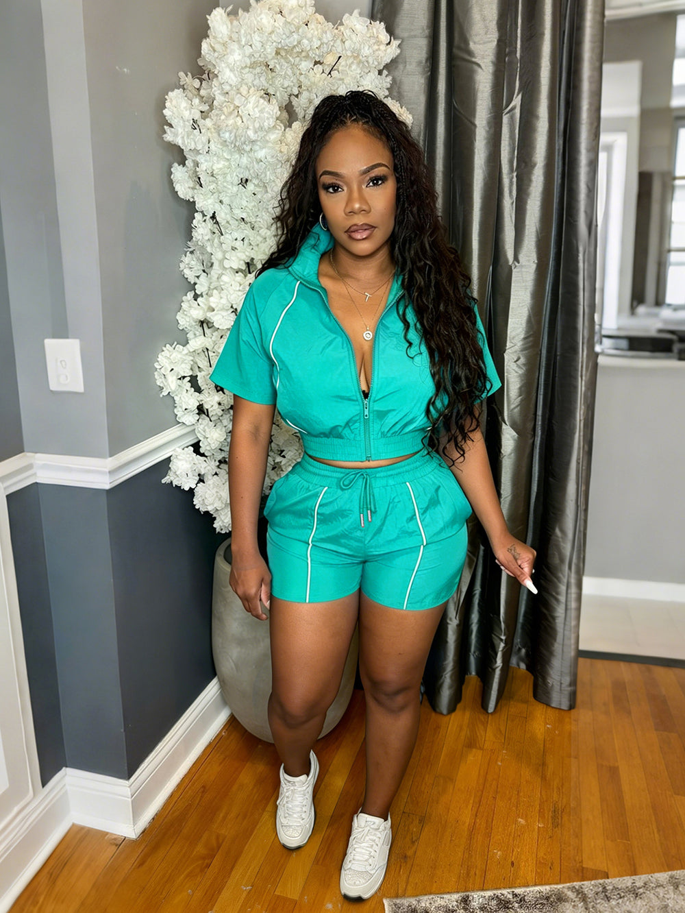 S391521 european and american fashion women's woven color block top and wide-leg elastic waist button-up sport shorts two-piece set