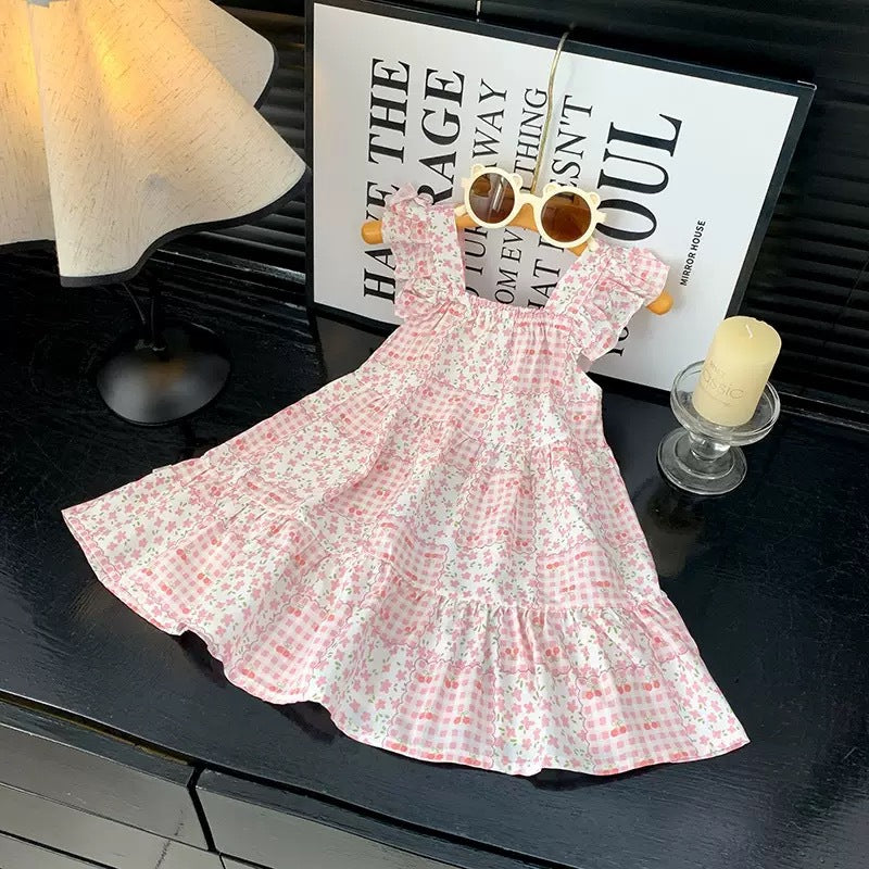 [family wear] children's cotton silk suspender dress sleeveless cake skirt summer thin flying sleeve western style floral skirt