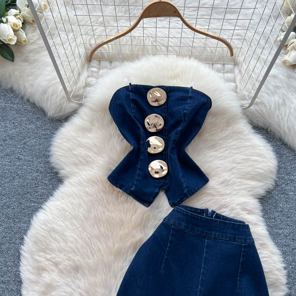 Fashion hot girl denim suit women's metal buckle suspender tube top vest + high waist tight slimming look micro-flared pants