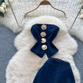 Fashion hot girl denim suit women's metal buckle suspender tube top vest + high waist tight slimming look micro-flared pants