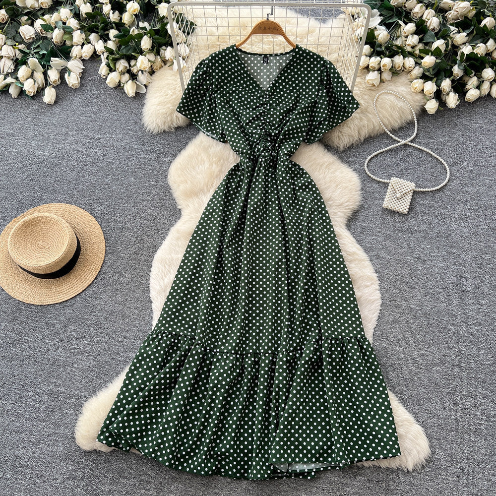 Frenchretro polka dot elegant short-sleeved dress women's summerv neck waist tie back a-line skirt slimming look elegant long skirt