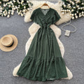 Frenchretro polka dot elegant short-sleeved dress women's summerv neck waist tie back a-line skirt slimming look elegant long skirt