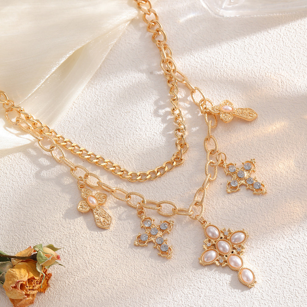 Punk imitation pearl necklace wholesale european and american cross-border multi-layer cross pendant accessible luxury high-end sense of stacking clavicle chain