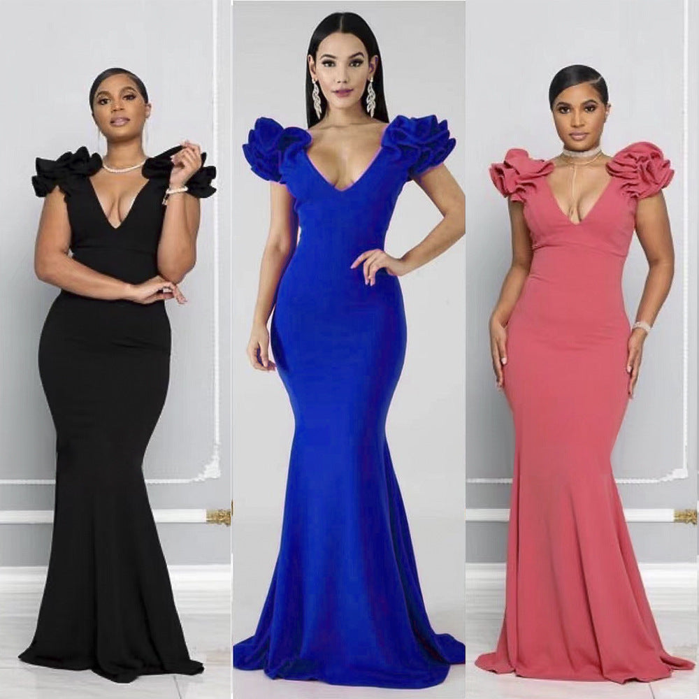 European and american women's clothing    new long dress - figure-flattering, bodycon, african style dress with v-neck and multiple color options