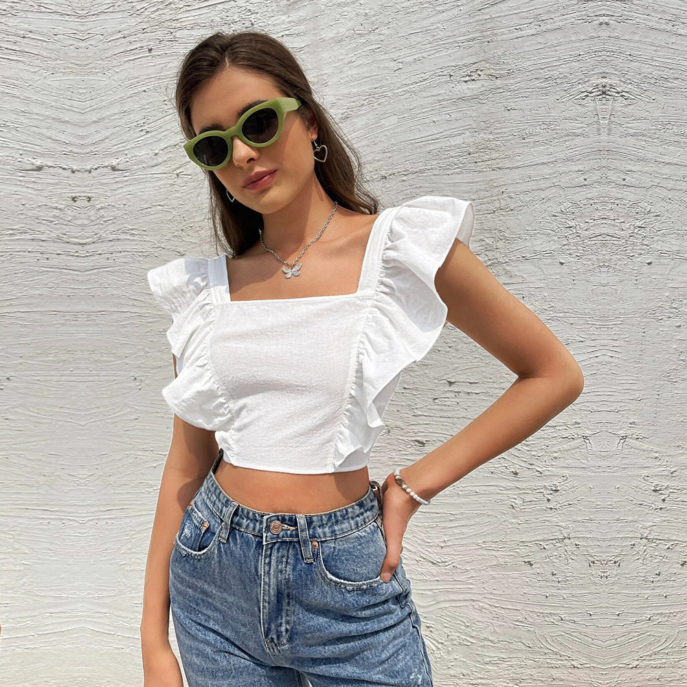 european and american style new backless tie-up ruffle sleeve fresh sweet square neck t-shirt tank top sleeveless top