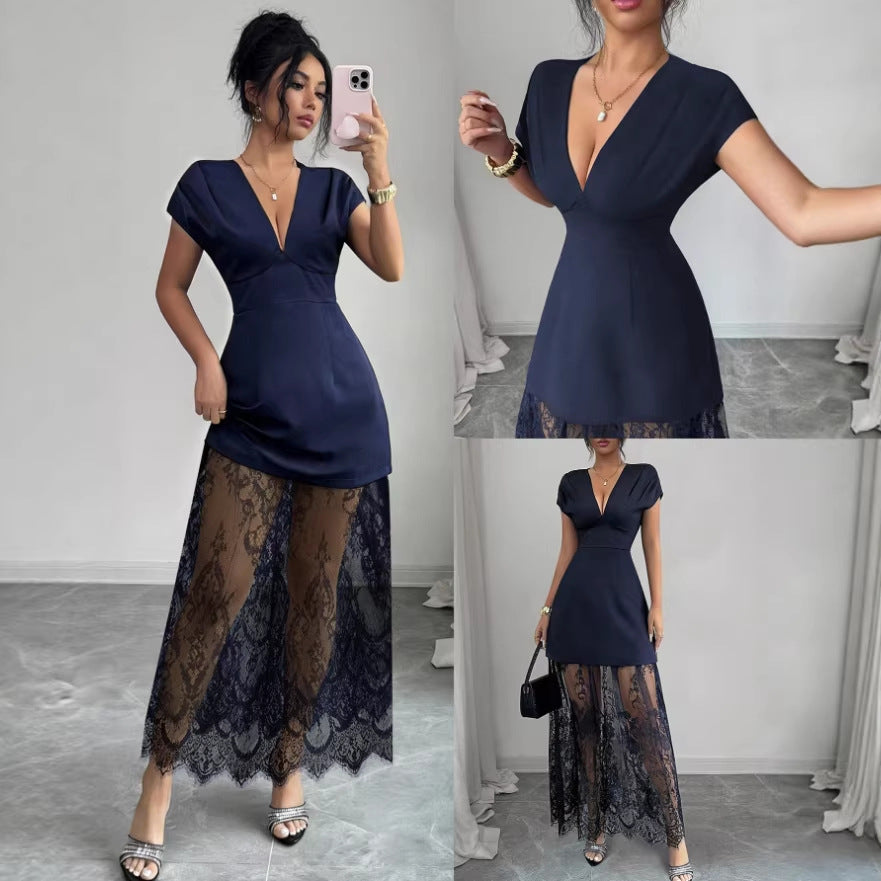 Amazon women's spring/summer new arrivals: elegant v-neck sexy urban lace patchwork short sleeve dress/gown