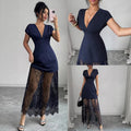 Amazon women's spring/summer new arrivals: elegant v-neck sexy urban lace patchwork short sleeve dress/gown