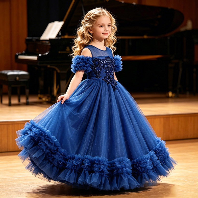 Girls' flower girl wedding dress evening gown runway cross-border european and american style off-shoulder tutu dress children's princess dress wholesale in stock