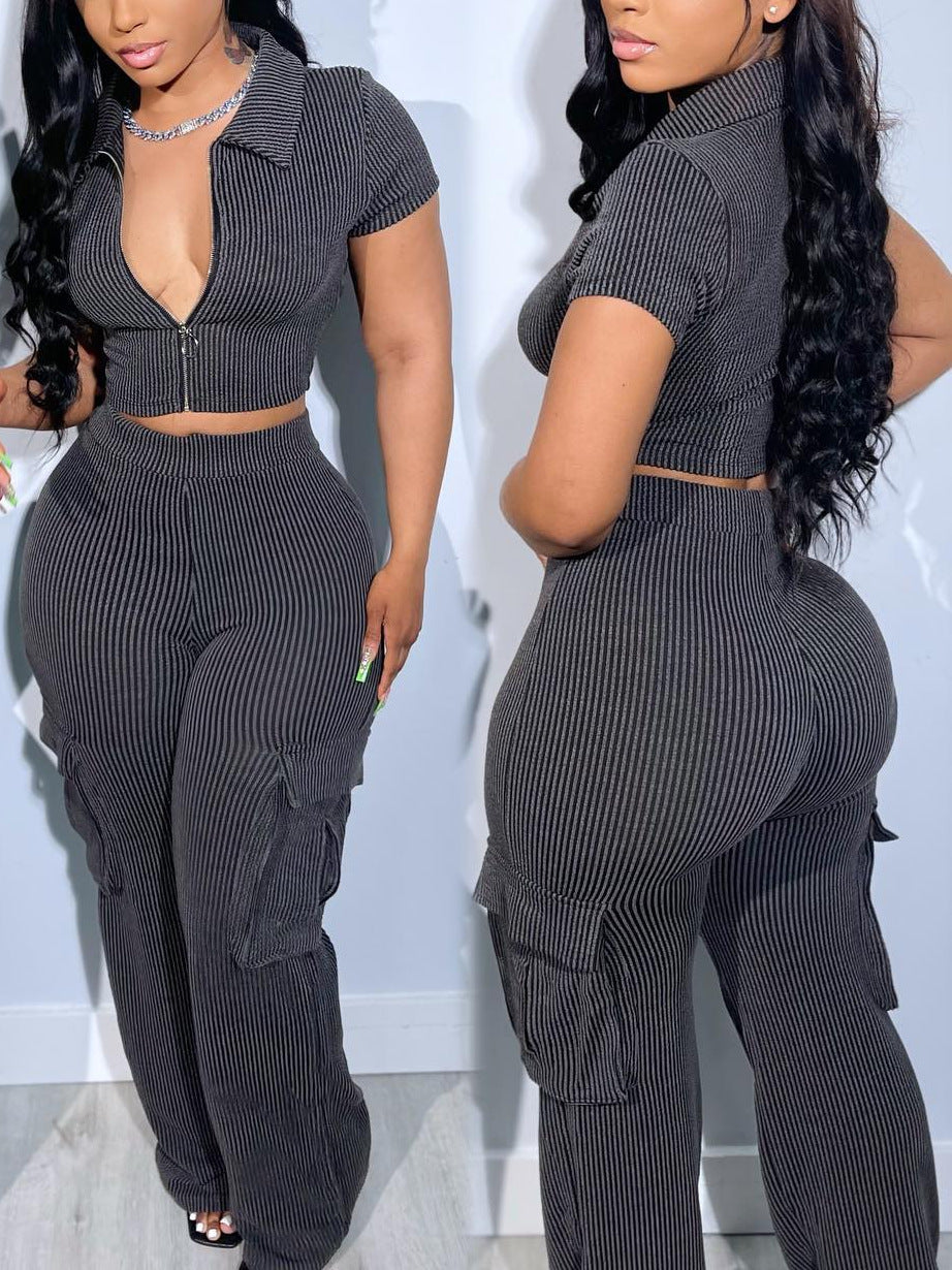 Zipper top & multi-pocket pants casual solid color two-piece set - autumn european & american fashion - new arrival for  & independent e-commerce stores