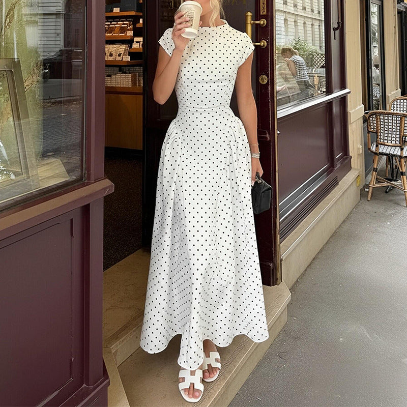 cross-border e-commerce european and american women's clothing: new summer collection - french polka dot round neck, slim-fit, a-line maxi dress