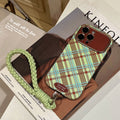 Green and brown plaid lambskin iphone 16 case with large window, iphone 17 pro max drop-proof phone case