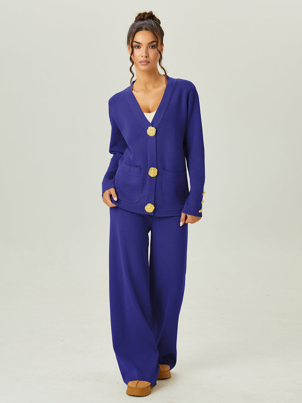 Premium chanel-inspired two-piece set for women: versatile knitted cardigan with metal button detail and casual pants - perfect for autumn and winter
