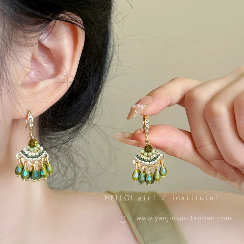 Bohemian green tassel crystal ear cuff earrings - fresh, unique design, perfect for vacation
