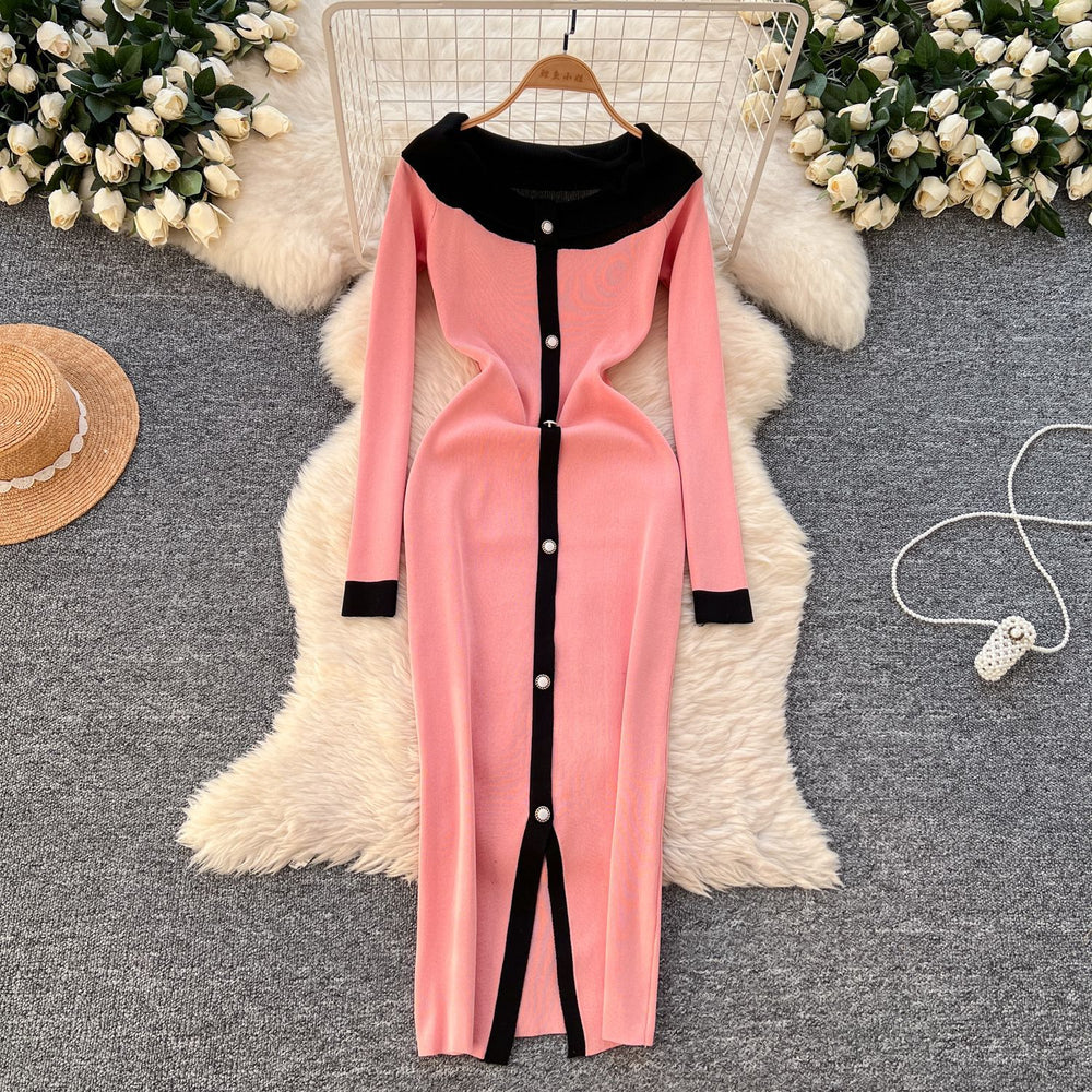 Autumn/winter elegant color block off-the-shoulder long sleeve single-breasted waist-defining knit dress - women's french style sweater dress