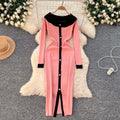 Autumn/winter elegant color block off-the-shoulder long sleeve single-breasted waist-defining knit dress - women's french style sweater dress