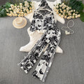 Trendy printed outfit set for women: winter casual zip-up hooded knit sweatshirt jacket with high-waisted, slimming wide-leg pants