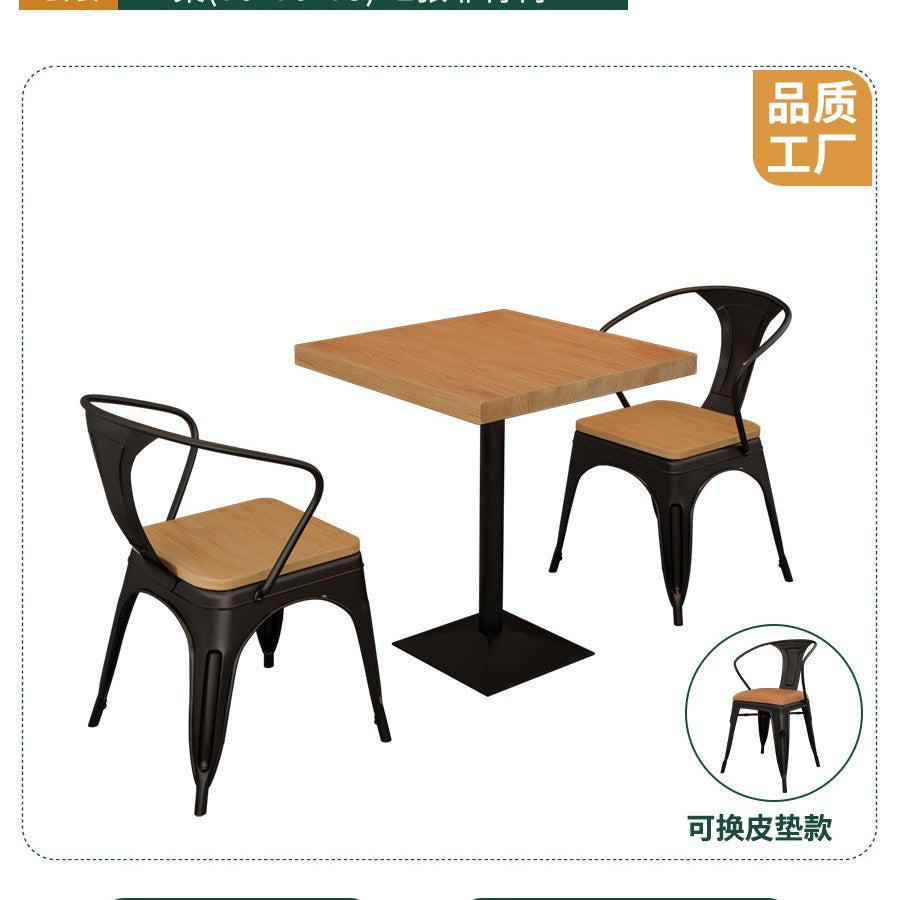 Cafe square table square wrought iron solid wood dining table commercial staff restaurant snack bar table and chair combination 1016