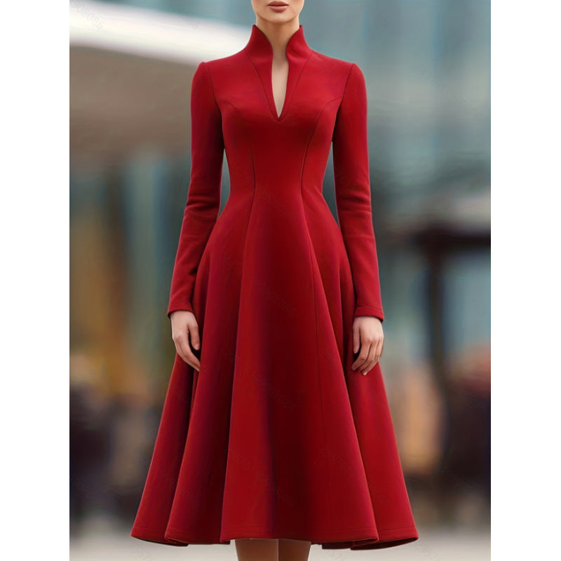 Women's spring/autumn fashionable elegant solid color stand collar slim fit long sleeve dress - perfect for casual, business, office, and date outings