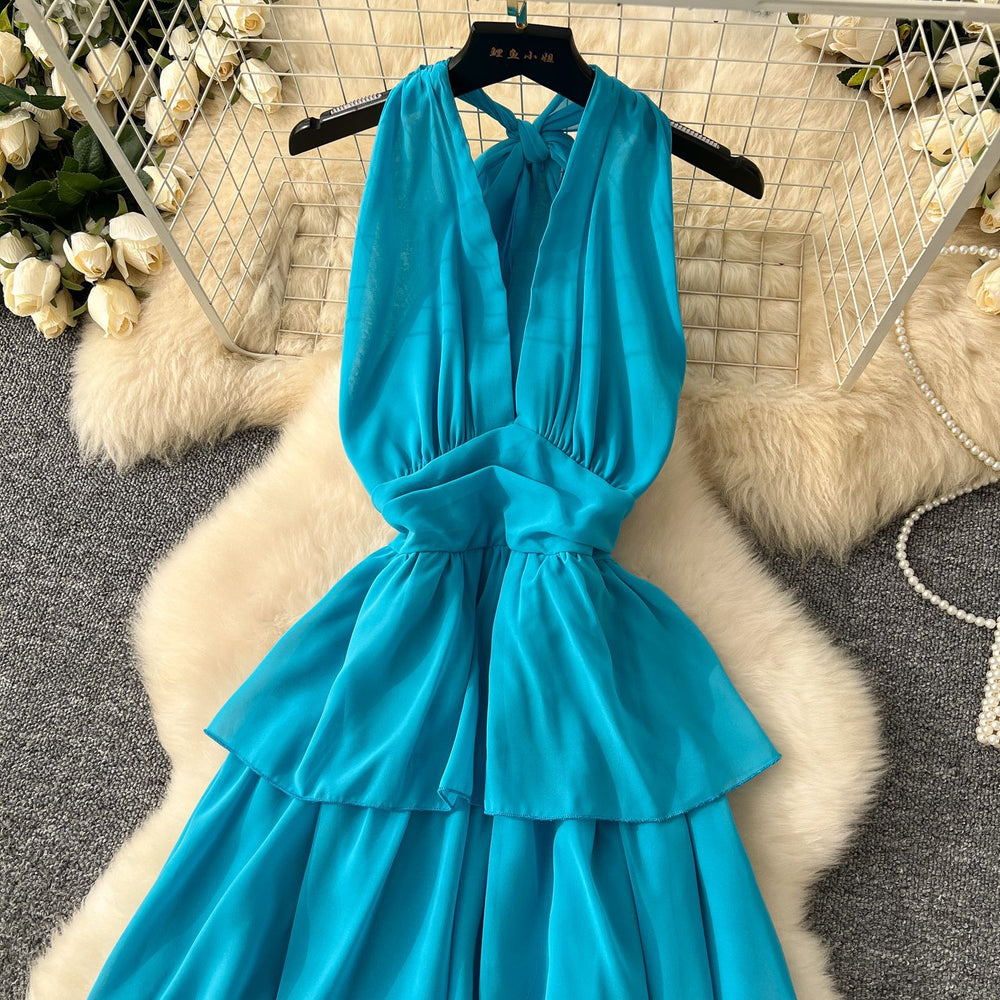 Summerniche style deep v neckhalter strap sleeveless ruffles cake dress female waist elegant holiday long skirt