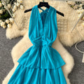 Summerniche style deep v neckhalter strap sleeveless ruffles cake dress female waist elegant holiday long skirt