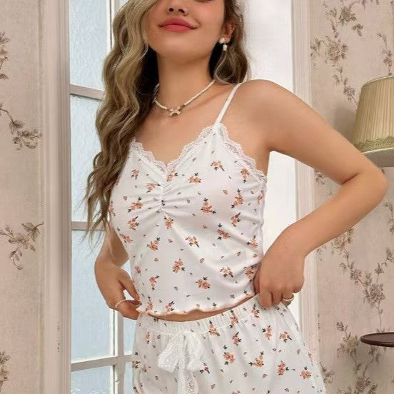 Bestselling cross-border european and american style lace cami pajama set - printed loose shorts - women's loungewear, suitable for wearing outdoors