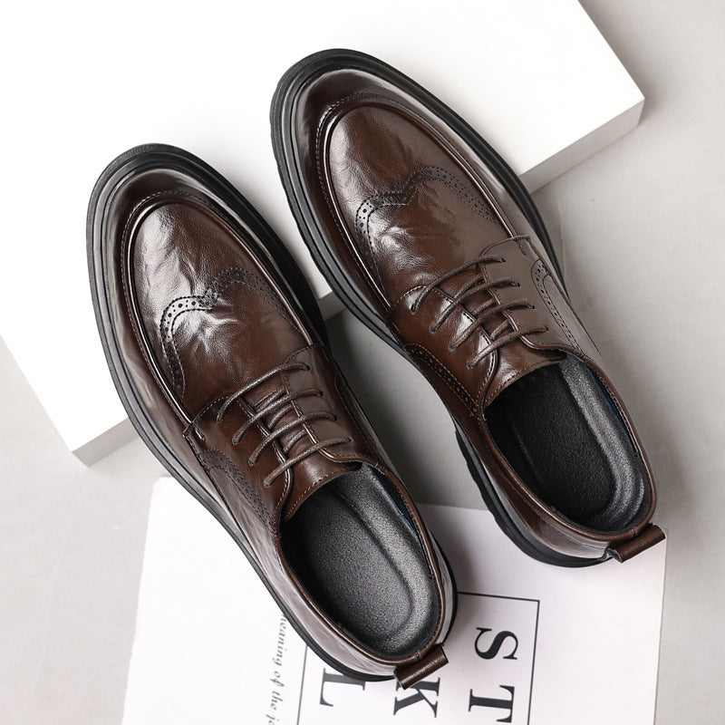 Genuine leather men's dress shoes - new business formal brogue style, british casual, black, for weddings and grooming