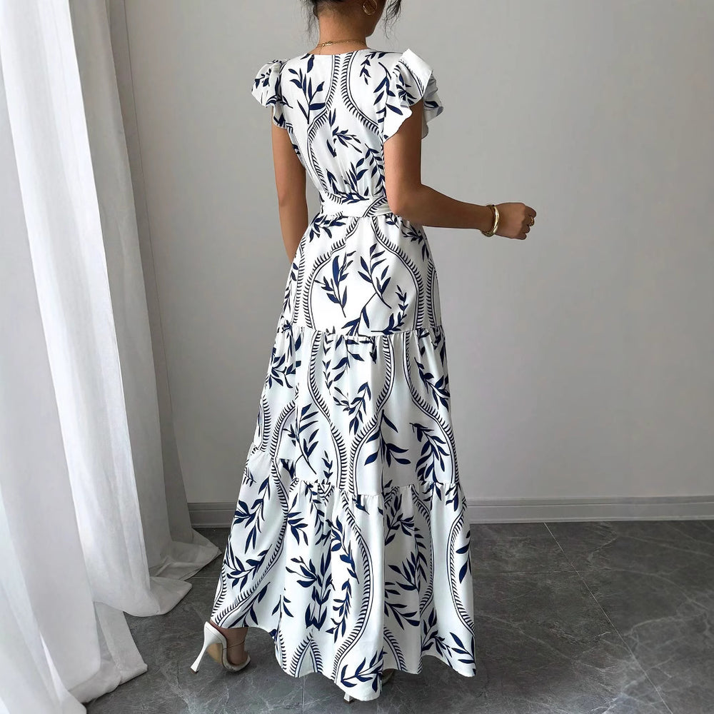 spring/summer  new arrival: printed ruffle trim v-neck sexy slim-fit long dress/gown