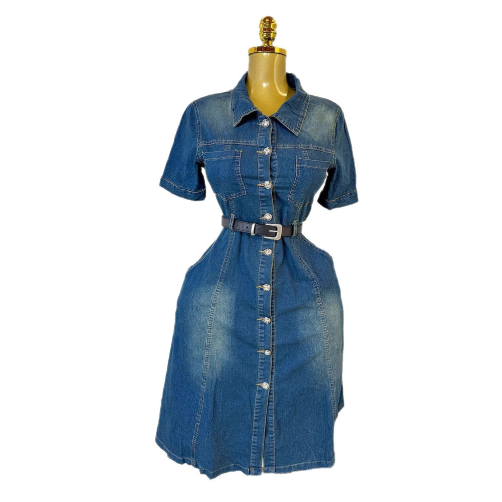 Dark blue denim dress women's summerretro single-breasted lapel waist strap slimming look a-line mid-length skirt