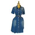Dark blue denim dress women's summerretro single-breasted lapel waist strap slimming look a-line mid-length skirt