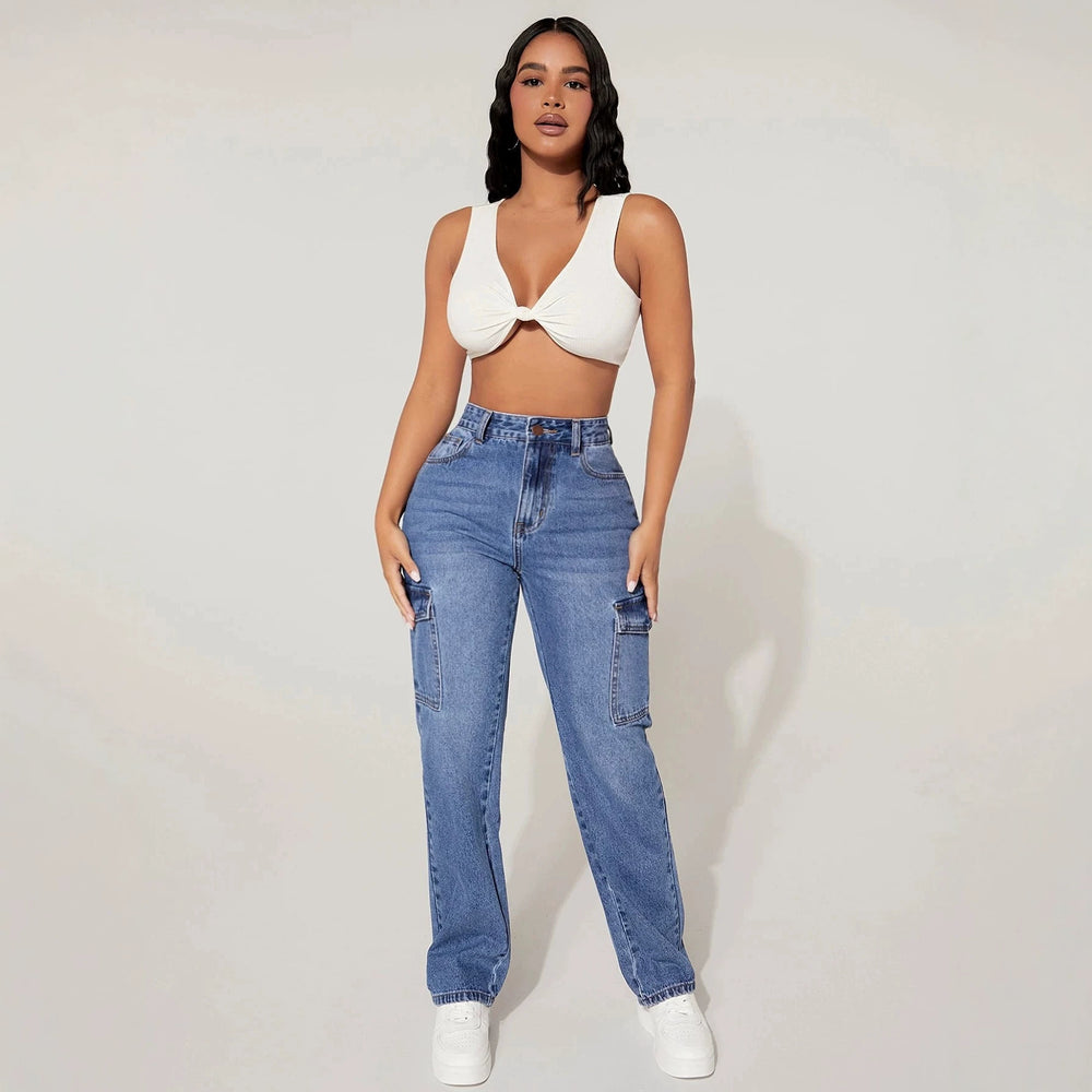 European and american style women's washed high-waisted cargo jeans - american multi-pocket straight-leg denim pants