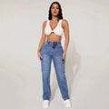 European and american style women's washed high-waisted cargo jeans - american multi-pocket straight-leg denim pants