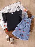Children's clothing cross-border european and american girls black short-sleeved t-shirt + blue suspender shorts two pieces