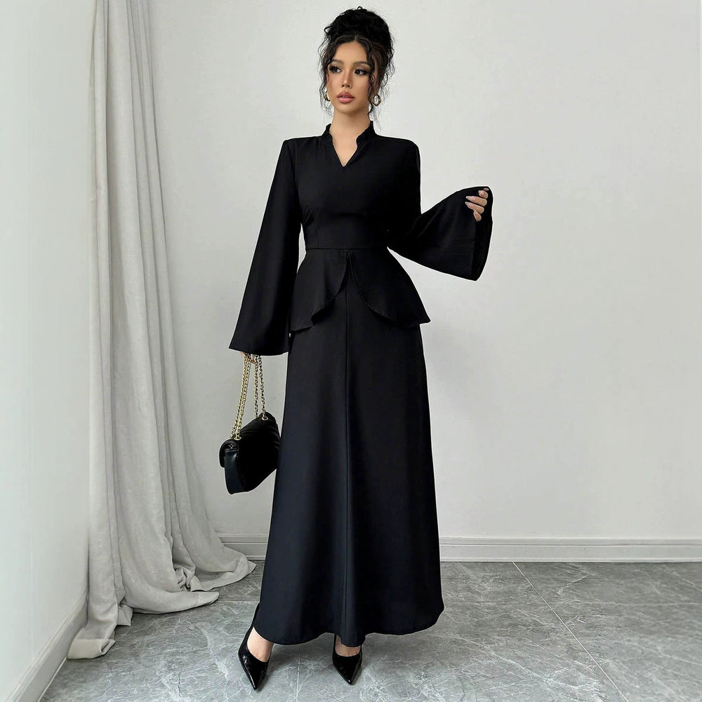 Exportaccessible luxurywork clothingtwo-piece setruffle waist swing flare long sleeves back straps slimming lookblacklong wide leg cover