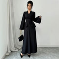 Exportaccessible luxurywork clothingtwo-piece setruffle waist swing flare long sleeves back straps slimming lookblacklong wide leg cover