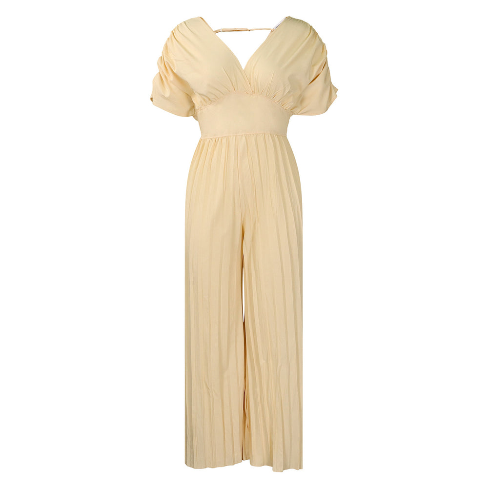 D3302  independent station foreign trade  new women's european and american cross-border sexy v neck pure color pleated jumpsuit